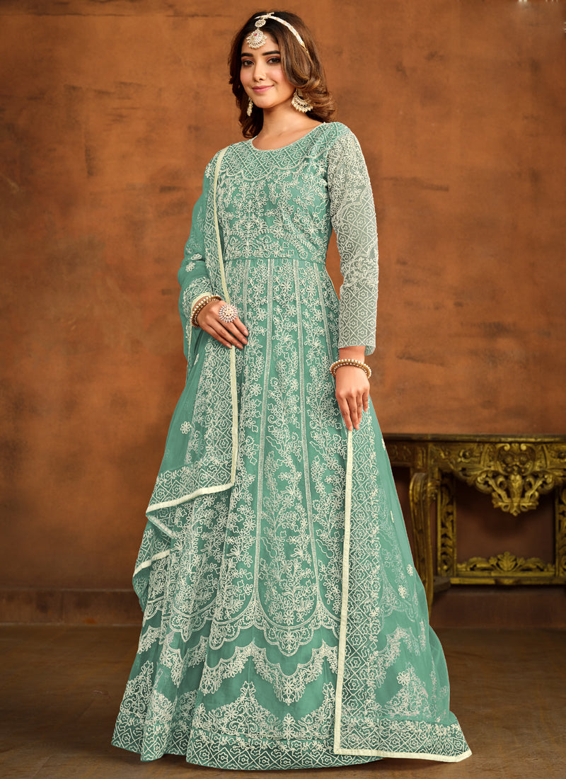 Vegaa Fashion Designer Bottel Green Net Embroidery Anarkali Suit | Grocsy