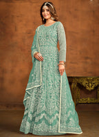 Vegaa Fashion Designer Bottel Green Net Embroidery Anarkali Suit | Grocsy