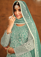 Vegaa Fashion Designer Bottel Green Net Embroidery Anarkali Suit | Grocsy