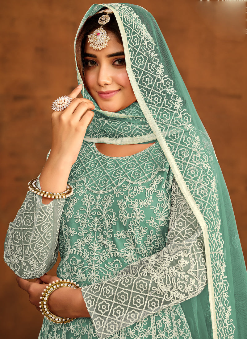 Vegaa Fashion Designer Bottel Green Net Embroidery Anarkali Suit | Grocsy