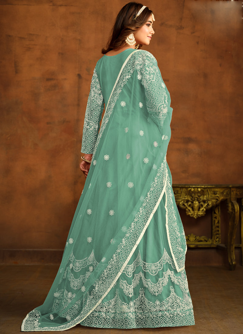 Vegaa Fashion Designer Bottel Green Net Embroidery Anarkali Suit | Grocsy