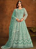 Vegaa Fashion Designer Bottel Green Net Embroidery Anarkali Suit | Grocsy