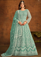 Vegaa Fashion Designer Bottel Green Net Embroidery Anarkali Suit | Grocsy