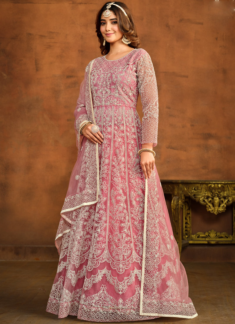 Vegaa Fashion Designer Pink Net Embroidery Anarkali Suit | Grocsy