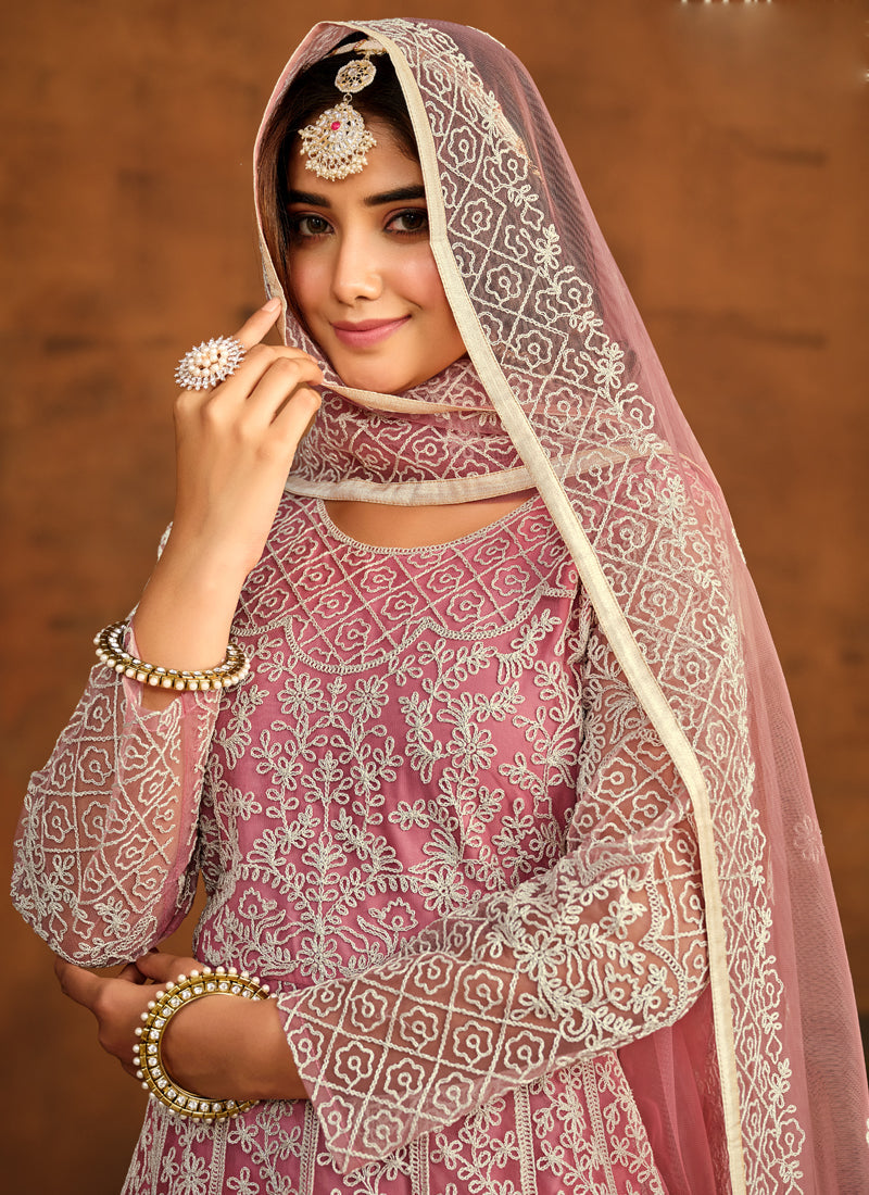 Vegaa Fashion Designer Pink Net Embroidery Anarkali Suit | Grocsy