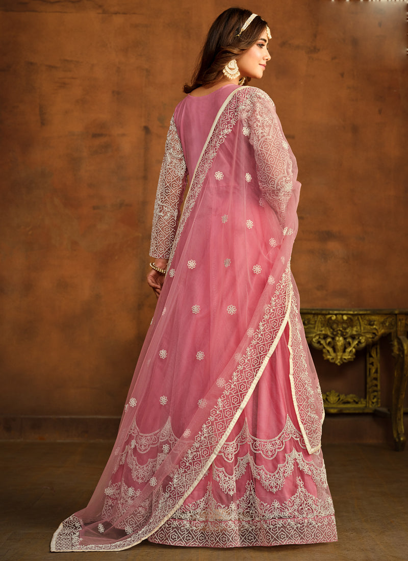 Vegaa Fashion Designer Pink Net Embroidery Anarkali Suit | Grocsy