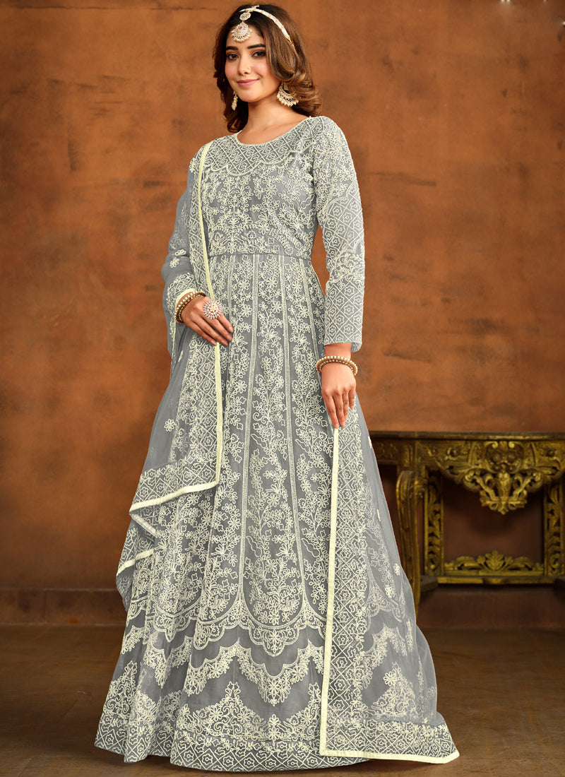 Vegaa Fashion Designer Grey Net Embroidery Anarkali Suit | Grocsy