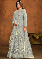Vegaa Fashion Designer Grey Net Embroidery Anarkali Suit | Grocsy