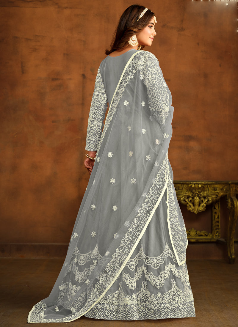 Vegaa Fashion Designer Grey Net Embroidery Anarkali Suit | Grocsy