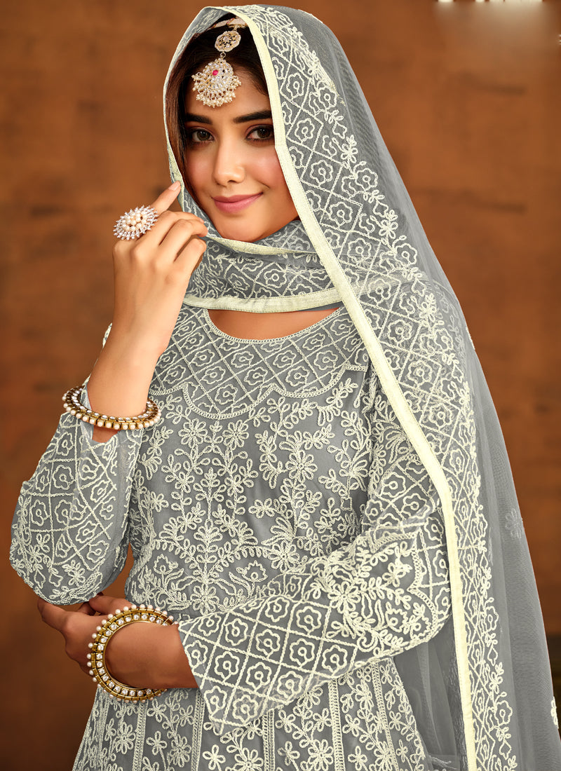 Vegaa Fashion Designer Grey Net Embroidery Anarkali Suit | Grocsy