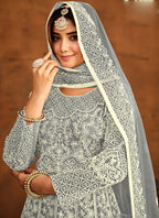 Vegaa Fashion Designer Grey Net Embroidery Anarkali Suit | Grocsy