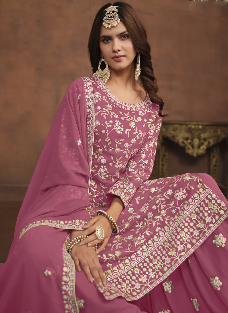 Vegaa Fashion Designer Pink Faux Georgette Embroidery Sharara Suit | Grocsy