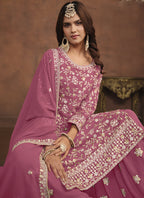 Vegaa Fashion Designer Pink Faux Georgette Embroidery Sharara Suit | Grocsy
