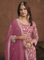 Vegaa Fashion Designer Pink Faux Georgette Embroidery Sharara Suit | Grocsy