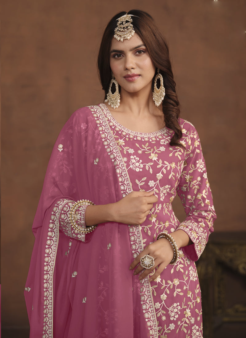 Vegaa Fashion Designer Pink Faux Georgette Embroidery Sharara Suit | Grocsy