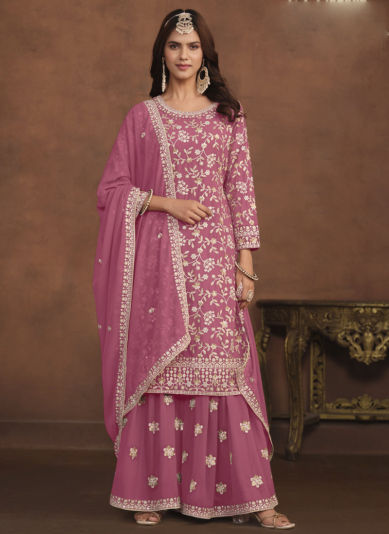 Vegaa Fashion Designer Pink Faux Georgette Embroidery Sharara Suit | Grocsy