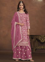 Vegaa Fashion Designer Pink Faux Georgette Embroidery Sharara Suit | Grocsy