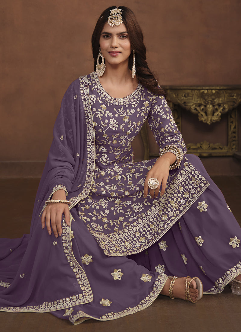 Vegaa Fashion Designer Lavender Faux Georgette Embroidery Sharara Suit | Grocsy