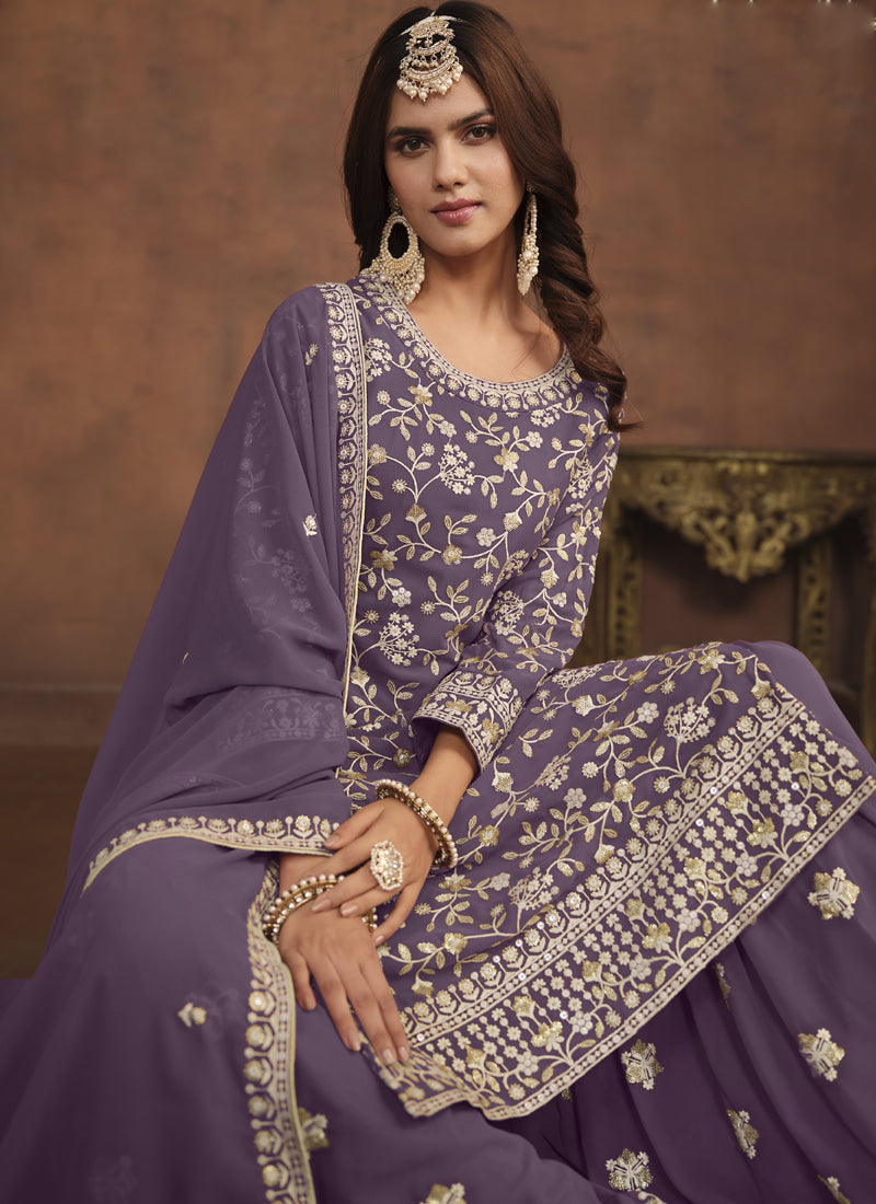 Vegaa Fashion Designer Lavender Faux Georgette Embroidery Sharara Suit | Grocsy