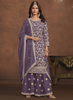 Vegaa Fashion Designer Lavender Faux Georgette Embroidery Sharara Suit | Grocsy