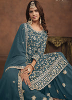 Vegaa Fashion Designer Dark Grey Faux Georgette Embroidery Sharara Suit | Grocsy