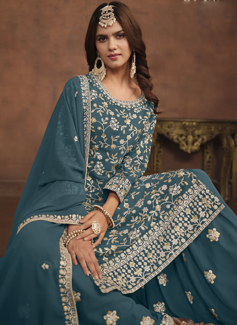 Vegaa Fashion Designer Dark Grey Faux Georgette Embroidery Sharara Suit | Grocsy
