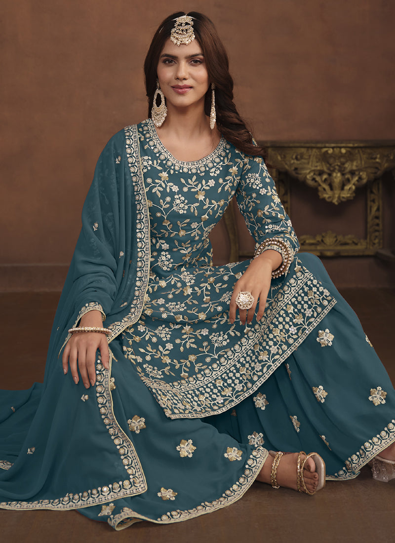 Vegaa Fashion Designer Dark Grey Faux Georgette Embroidery Sharara Suit | Grocsy