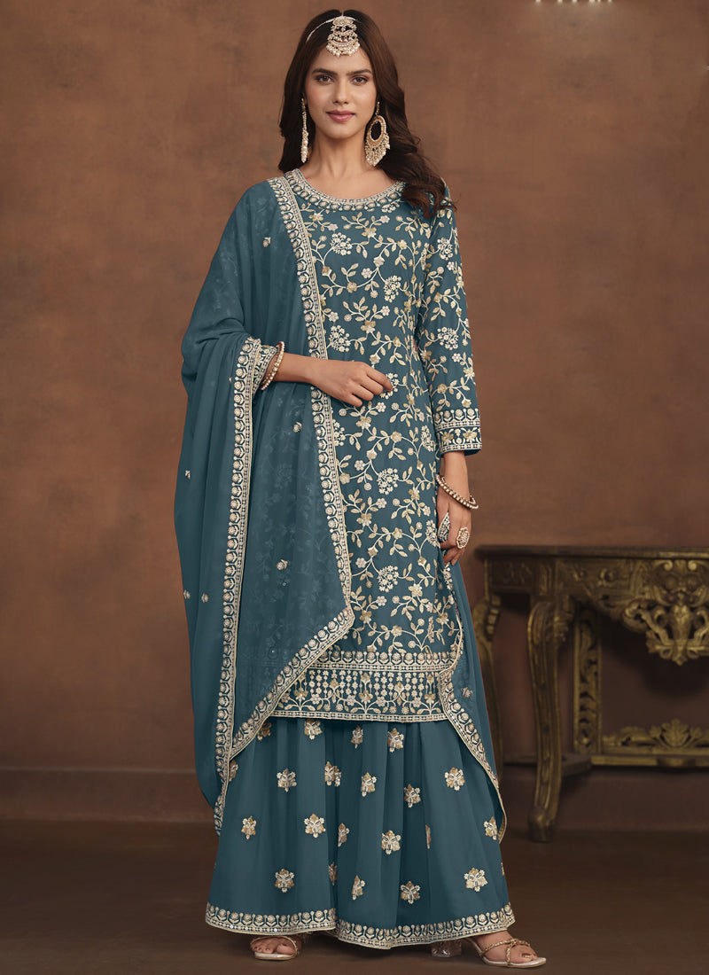 Vegaa Fashion Designer Dark Grey Faux Georgette Embroidery Sharara Suit | Grocsy