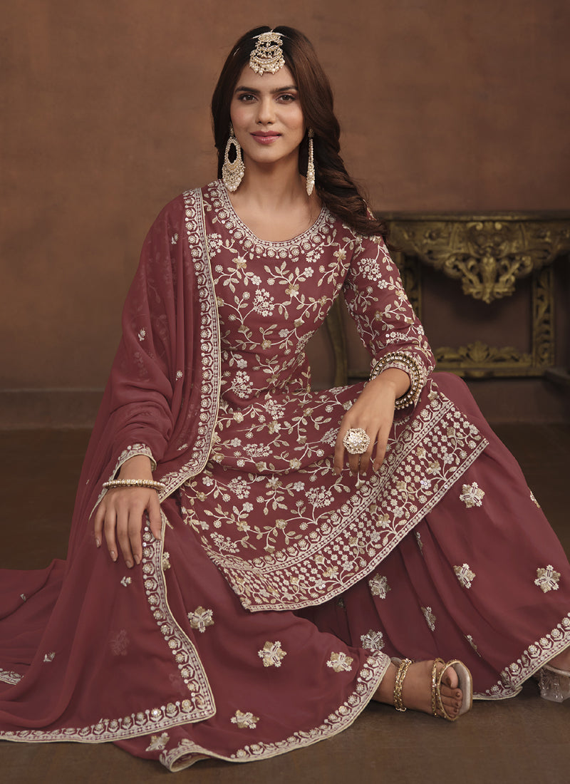 Vegaa Fashion Designer Brown Faux Georgette Embroidery Sharara Suit | Grocsy