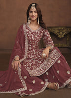 Vegaa Fashion Designer Brown Faux Georgette Embroidery Sharara Suit | Grocsy
