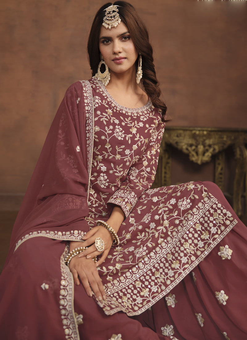 Vegaa Fashion Designer Brown Faux Georgette Embroidery Sharara Suit | Grocsy
