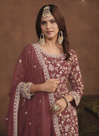Vegaa Fashion Designer Brown Faux Georgette Embroidery Sharara Suit | Grocsy