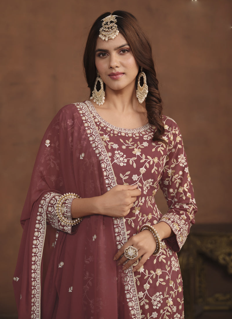 Vegaa Fashion Designer Brown Faux Georgette Embroidery Sharara Suit | Grocsy