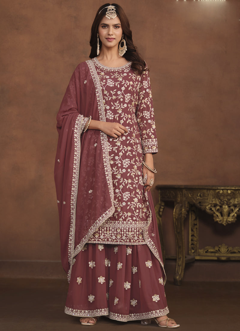 Vegaa Fashion Designer Brown Faux Georgette Embroidery Sharara Suit | Grocsy