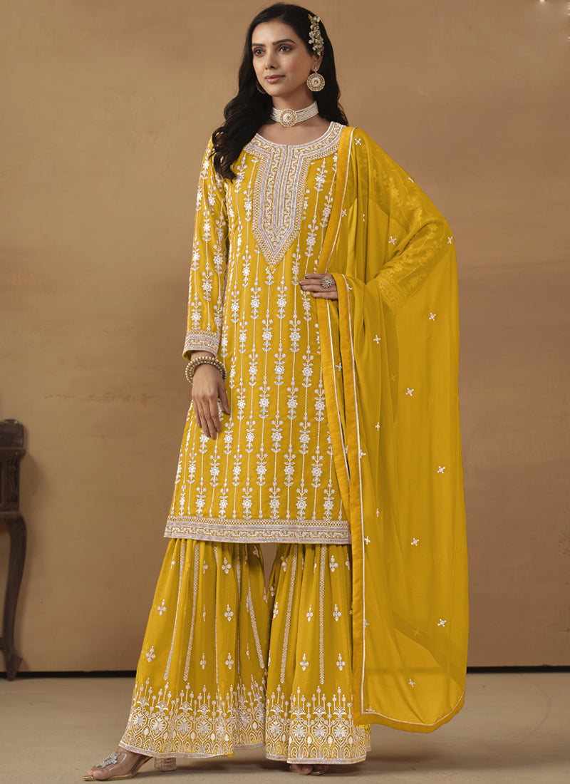 Vegaa Fashion Designer Yellow Faux Georgette Embroidery Sharara Suit | Grocsy