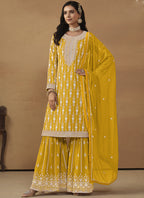 Vegaa Fashion Designer Yellow Faux Georgette Embroidery Sharara Suit | Grocsy