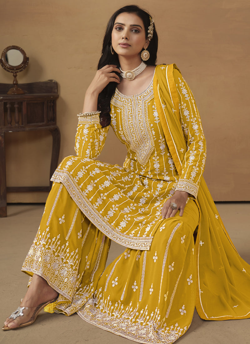 Vegaa Fashion Designer Yellow Faux Georgette Embroidery Sharara Suit | Grocsy