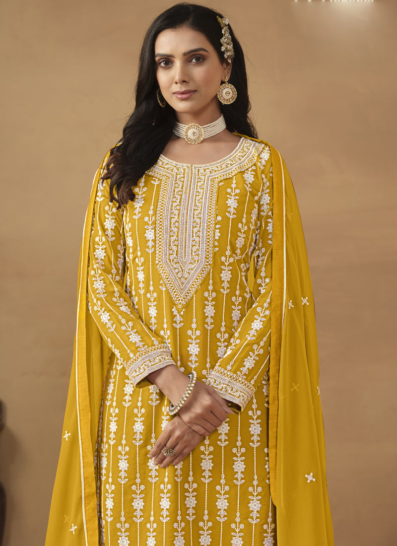 Vegaa Fashion Designer Yellow Faux Georgette Embroidery Sharara Suit | Grocsy
