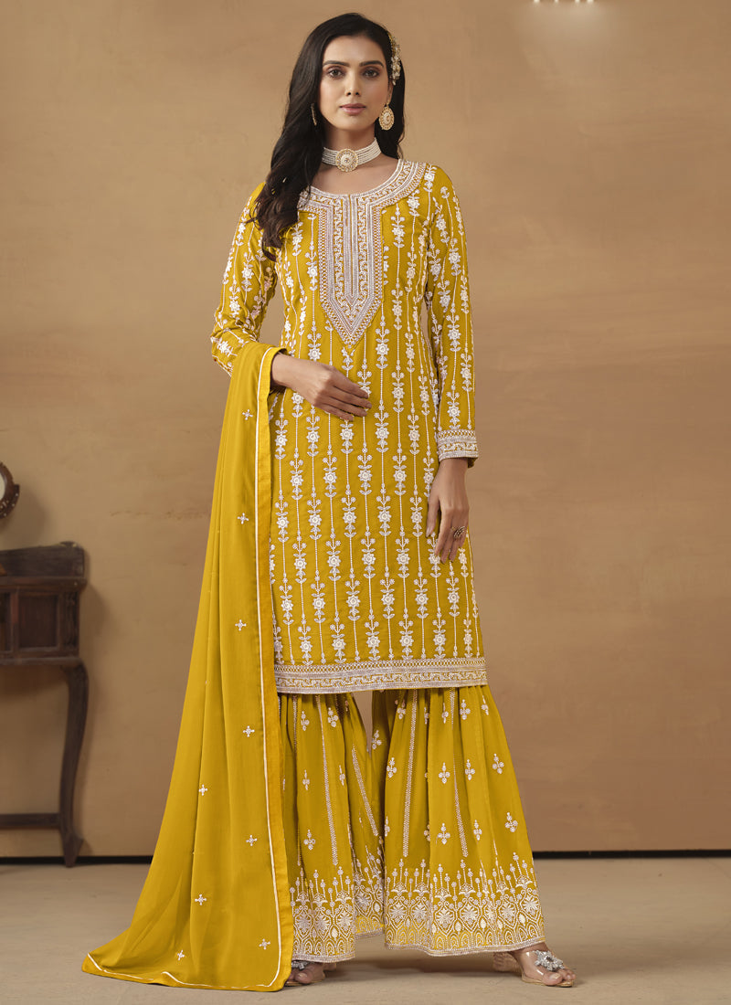 Vegaa Fashion Designer Yellow Faux Georgette Embroidery Sharara Suit | Grocsy