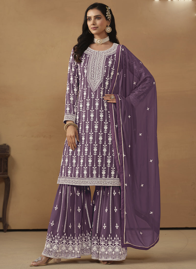 Vegaa Fashion Designer Purple Faux Georgette Embroidery Sharara Suit | Grocsy