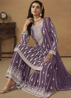 Vegaa Fashion Designer Purple Faux Georgette Embroidery Sharara Suit | Grocsy