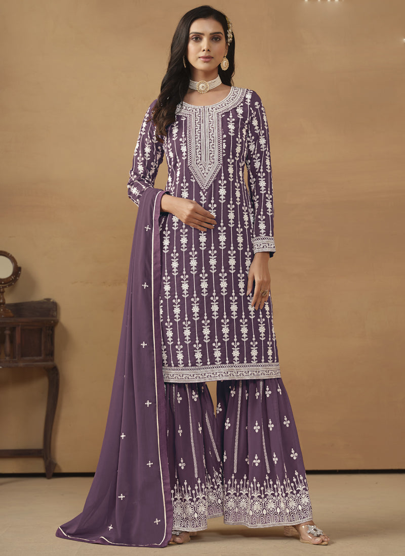 Vegaa Fashion Designer Purple Faux Georgette Embroidery Sharara Suit | Grocsy