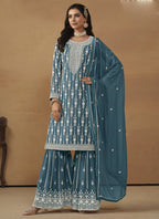 Vegaa Fashion Designer Grey Faux Georgette Embroidery Sharara Suit | Grocsy