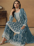 Vegaa Fashion Designer Grey Faux Georgette Embroidery Sharara Suit | Grocsy