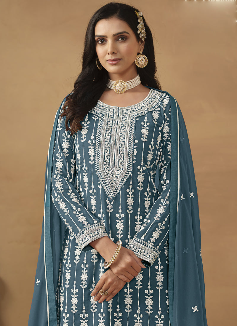 Vegaa Fashion Designer Grey Faux Georgette Embroidery Sharara Suit | Grocsy