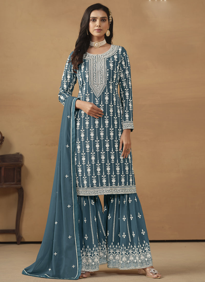 Vegaa Fashion Designer Grey Faux Georgette Embroidery Sharara Suit | Grocsy