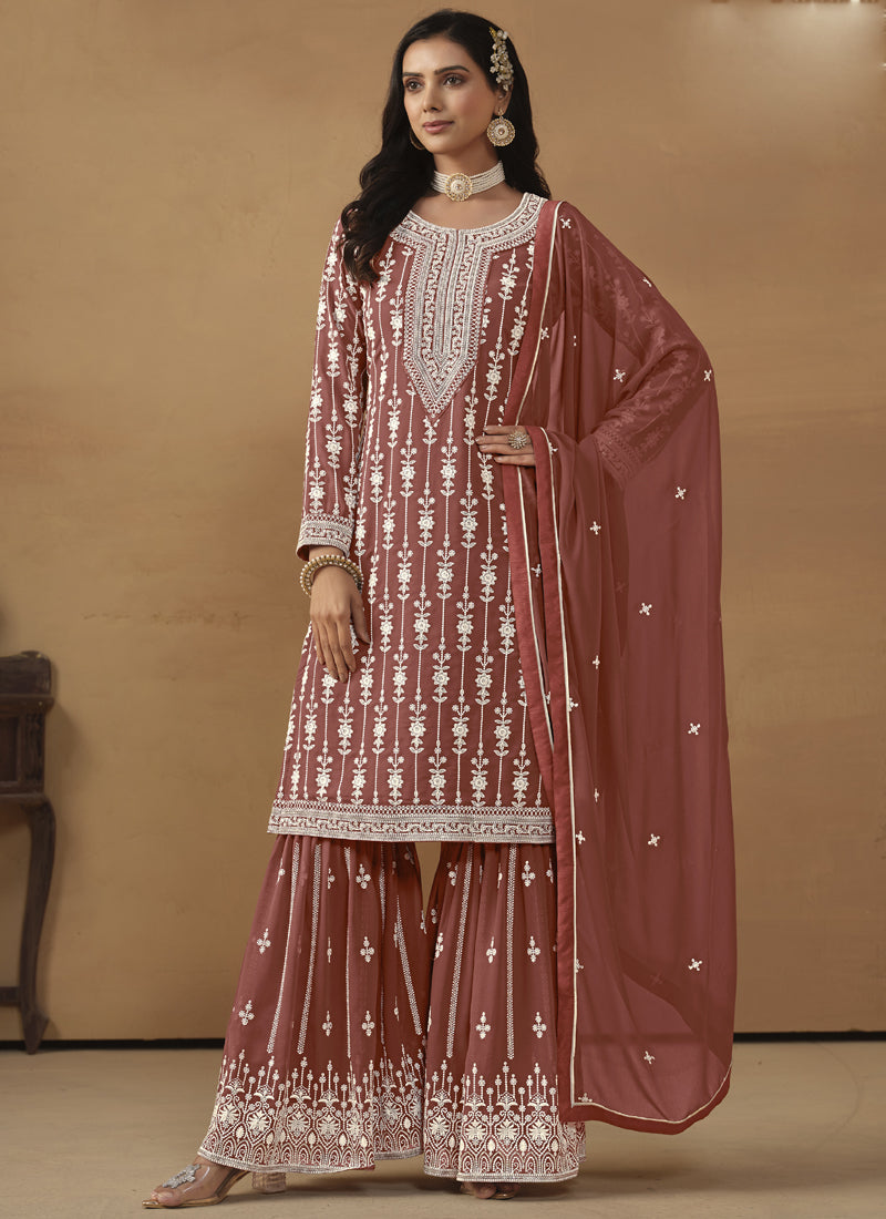 Vegaa Fashion Designer Brown Faux Georgette Embroidery Sharara Suit | Grocsy