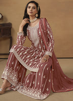 Vegaa Fashion Designer Brown Faux Georgette Embroidery Sharara Suit | Grocsy