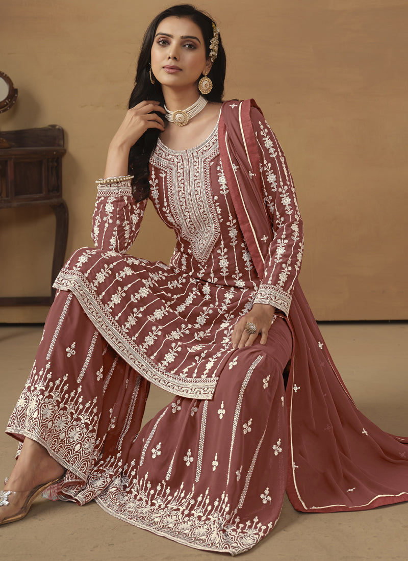 Vegaa Fashion Designer Brown Faux Georgette Embroidery Sharara Suit | Grocsy