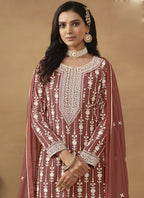 Vegaa Fashion Designer Brown Faux Georgette Embroidery Sharara Suit | Grocsy